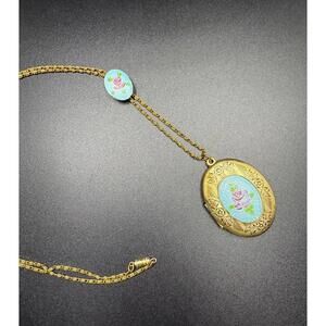 Vintage Guilloche Flower Locket Necklace Hand Painted Gold Tone
